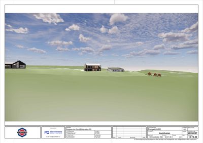 3D-visualisering (rendering) av et boligprosjekt med hus på en grønn skråning under en skyet himmel.