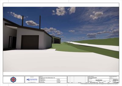 3D-visualisering (rendering) av en bygning sett fra en vinkel, med skyer og terreng i bakgrunnen.