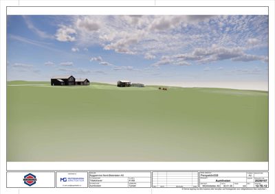 3D-visualisering (rendering) av to hus på en grønn, kupert tomt under en skyet himmel.