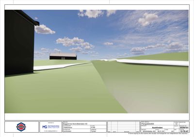 3D-visualisering (rendering) som viser en perspektivutsikt over et byggeprosjekt med to bygninger på en grønn skråning.