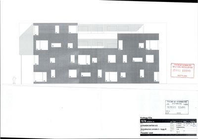 Fasadetegning som viser bygningens utseende sett fra vest, med vindusoppdeling og fasadeforhold.