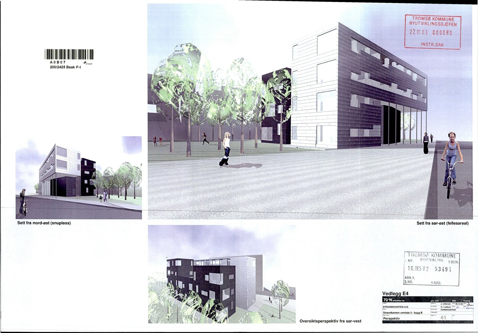 3D-visualiseringer (renderinger) av en bygning sett fra ulike vinkler (nord-øst, sør-øst og sør-vest).