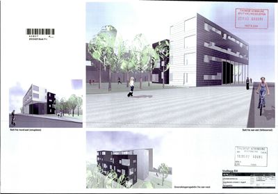 3D-visualiseringer (renderinger) av en bygning sett fra ulike vinkler (nord-øst, sør-øst og sør-vest).