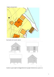 Bildet viser en situasjonsplan øverst og fire fasadetegninger (opp- og tverrsnitt) for en bygning nederst.