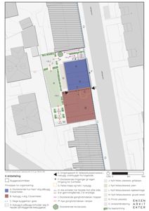 Situasjonsplan som viser tomtens beliggenhet, nabobebyggelse, beplantning, og forslag til nybebyggelse med høyder og tilgang.
