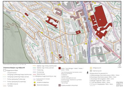 Kart over et byområde med veger, bygninger og viktige bypunkter