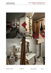 Fotografier av et interiør, sannsynligvis et bad og en stue/hall, med innredning og møbler.