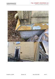 Fotografier av en bygning, inkludert nærbilde av fundamentet og fasade med vinduer og dør.