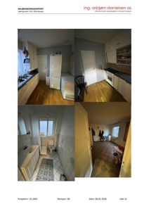 Fotografier av et leilighetsinteriør (kjøkken, bad, stue) fra en miljøsaneringsrapport.