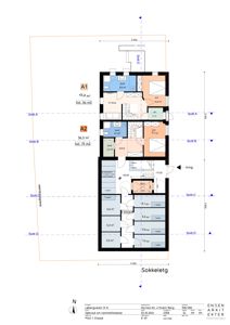 Etasjeplan for et hus med oppgitt arealer for ulike rom (bod, soverom, kjøkken, bad) og snittlinjer (Snitt A, B, C, D).