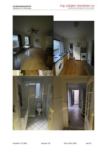 Fotografi av en leilighet inne i et hus, som viser stue, kjøkken, bad og gang. Bildet er en del av en miljøsaneringsrapport.