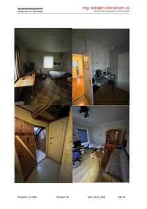 En collage med fire foton av et leilighetsinteriør, inkludert soverom, stue og kjøkkenområder.