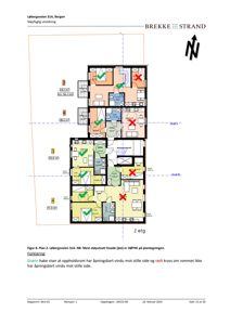 Etasjeplan (2. etasje) for en bygning på Lebergsv. 31A, Bergen. Planen viser romfordeling, arealer, og en utredning av støyutsatt fasade med markeringer for vindu mot stille side.