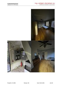 Fotografier av et interiør i en bolig, inkludert et soverom og en stue/kjøkkenområde.