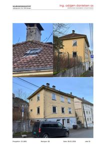 Fotografier av en eksisterende bygning (gult trehus) sett fra ulike vinkler, inkludert tak, fasade og nabolag.