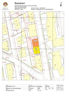 Situasjonsplan (Basiskart) som viser tomtens plassering i forhold til nabolaget, eiendomsgrenser og bygninger.