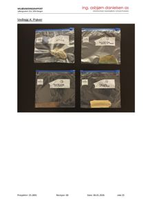 Fotografi av fire prøver i plastposer med håndskrevne etiketter, som er en del av en miljøsaneringsrapport.