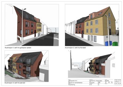 Tre 3D-visualiseringer (renderinger) av en planlagt bygning sett fra ulike vinkler (gatestreken, nordøst og sørvest).