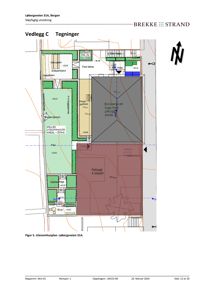 Utenomhusplan (situasjonsplan) som viser tomtens oppdeling, eksisterende og nytt bygg, samt felles uteoppholdsareal.