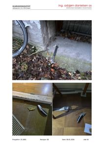 Fotografier fra en miljøsaneringsrapport som viser skader på gulv og vegger, inkludert fukt og råte.