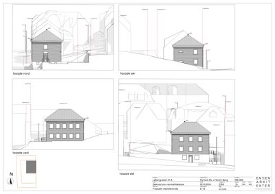 Fasadetegning som viser eksisterende fasader (nord, sør, vest, øst) for en bygning i Lebergveien 31 A.