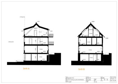 Snittegning (Snitt A og B) som viser tverrsnittet gjennom en bygning med etasjer, takform og høydemål.