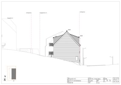 Fasadetegning (Sør) som viser bygningens utseende sett fra sør, inkludert takform, fasadematerialer og omgivende tomtegrenser.