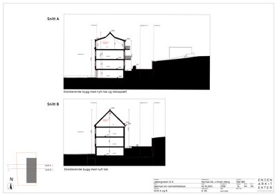 Snittegning (Snitt A og B) som viser tverrsnitt gjennom eksisterende bygg med nytt tak.