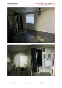 Fotografier av et interiør (stue og bad) fra en miljøsaneringsrapport.