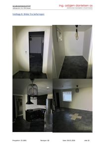 Fotografier av et husinteriør (gang, kjøkken, stue) tatt under befaring.