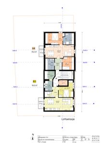 Etasjeplan for loftsetasjen i en bolig, med romfordeling, arealer og snittlinjer.