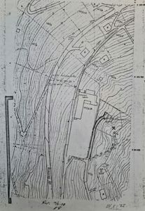 Situasjonsplan som viser topografi (høydekurver), eiendomsgrenser, veier (Riksetevegen) og plassering av bygninger.