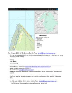 Et kart med overlappende kartlag (topografi, geologi, vann) og en e-postkorrespondanse om en tomt.