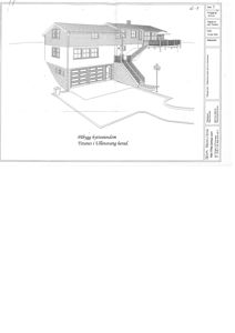 En 3D-visualisering (rendering) av et hus sett fra siden, som viser fasade, tak og omgivelser.