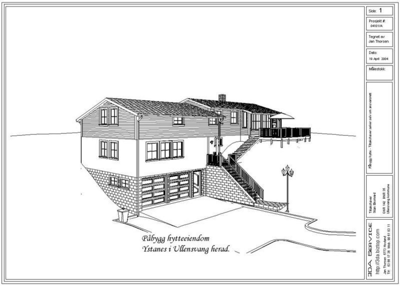 En 3D-visualisering (rendering) av en påbygg til en hytteeiendom, som viser fasade, tak, trapp og garasje.