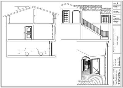 Snittegning som viser bygningens tverrsnitt, romfordeling, dører, trapp og kjeller.