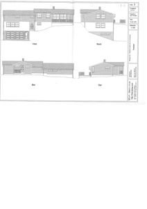 Fasadetegning som viser bygningens utsyn fra fire sider (Nord, Sør, Vest, Øst).