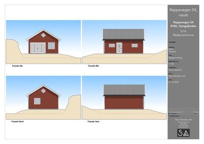 Fasadetegning som viser bygningens utseende fra fire sider (Sør, Øst, Nord, Vest).