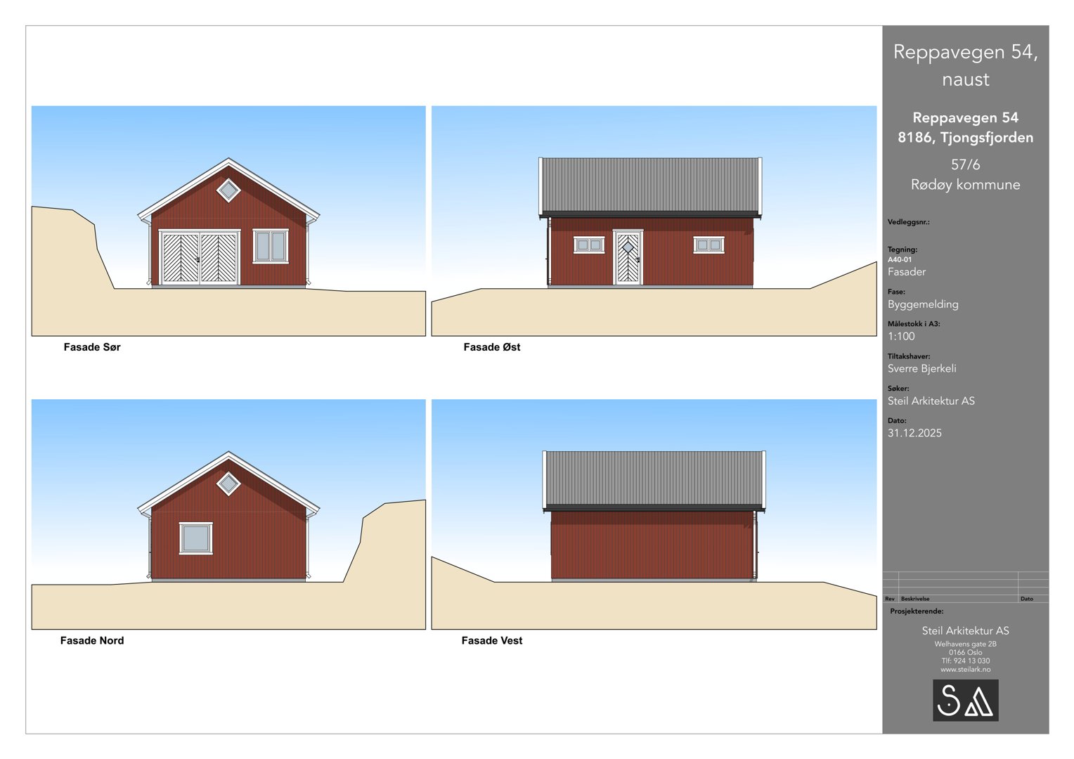 Fasadetegning som viser bygningens utseende fra alle fire sider (Sør, Øst, Nord og Vest).