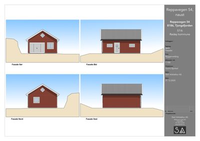Fasadetegning som viser bygningens utseende fra alle fire sider (Sør, Øst, Nord og Vest).