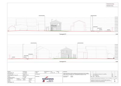 Fasadetegning som viser bygningens utseende sett fra gaten (Terengentgt T3 og T4), med oppgitt høyder og terrengforhold.