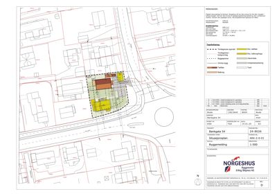 Situasjonsplan som viser tomtens beliggenhet, nabobebyggning, arealopplysninger og byggegrenser.