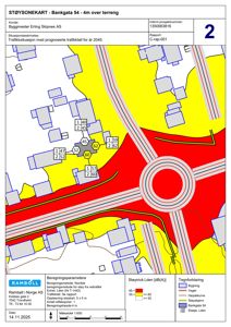 Støysoneskart som viser beregnede støyverdier (Lden) i området rundt Bankgata 54, inkludert bygninger, veger og støykurver.