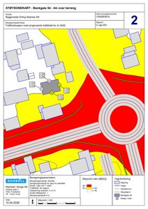 Støysoneskart som viser støykartlegging for Bankgata 54 med beregnede Lden-verdier og støysoner.