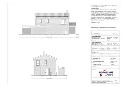 Fasadetegning som viser bygningens utseende fra nord og øst, inkludert vinduer, dører og takform.