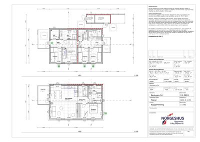 Etasjeplaner (H01 og H02) med romfordeling, dimensjoner og arealoppsummering for en byggesak.