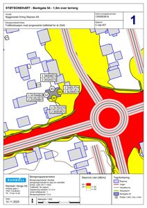 Støysoneskart som viser beregnede støyverdier (Lden) i området rundt Bankgata 54, med trafikkforhold for år 2045.