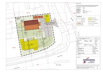 Situasjonsplan som viser tomtens grenser, nabolag, bebyggelse og arealoppdelinger.
