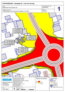 Støysoneskart som viser støykartlegging for Bankgata 54 med beregnede støyverdier (Lden) og støysoner (rød, gul, grønn) i forhold til omgivelsene.