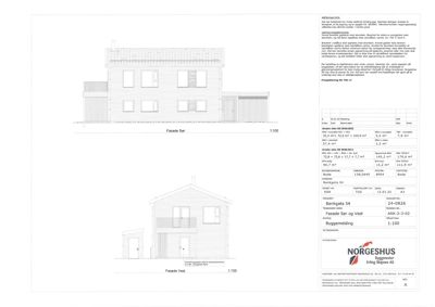 Fasadetegning som viser bygningens utseende fra vest og øst, inkludert vinduer, dører og takform.